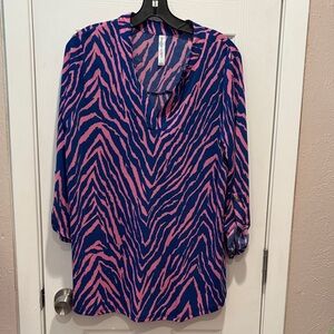 Zebra Print V-Neck Blouse - Pink and Blue